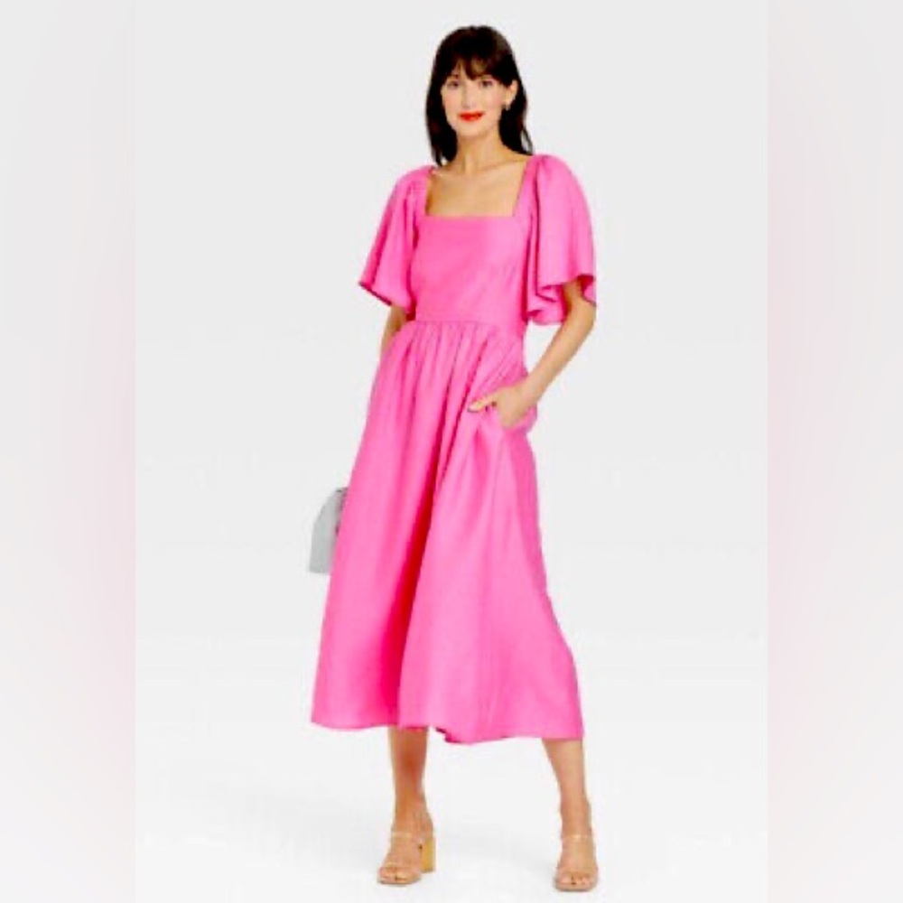 NWT A New Day Dress Pink Flutter Short Sleeves Tie Back Open Back W/ Pockets